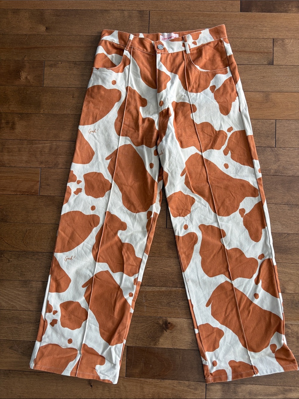 Lisa Says Gah Brown and White Cow-Print Wide-Leg Jeans